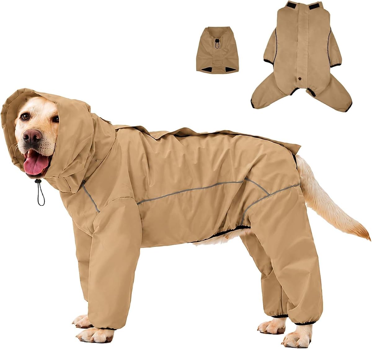 ADINIKIA Dog Raincoat,Waterproof Rain Jacket with Removable Hood,Khaki L | Leash Hole/ Reflective Stripe/Adjustable 4 Legs Rainsuit/Full Coverage/ Snowproof Windproof/ For Small to 3X-Large Dogs