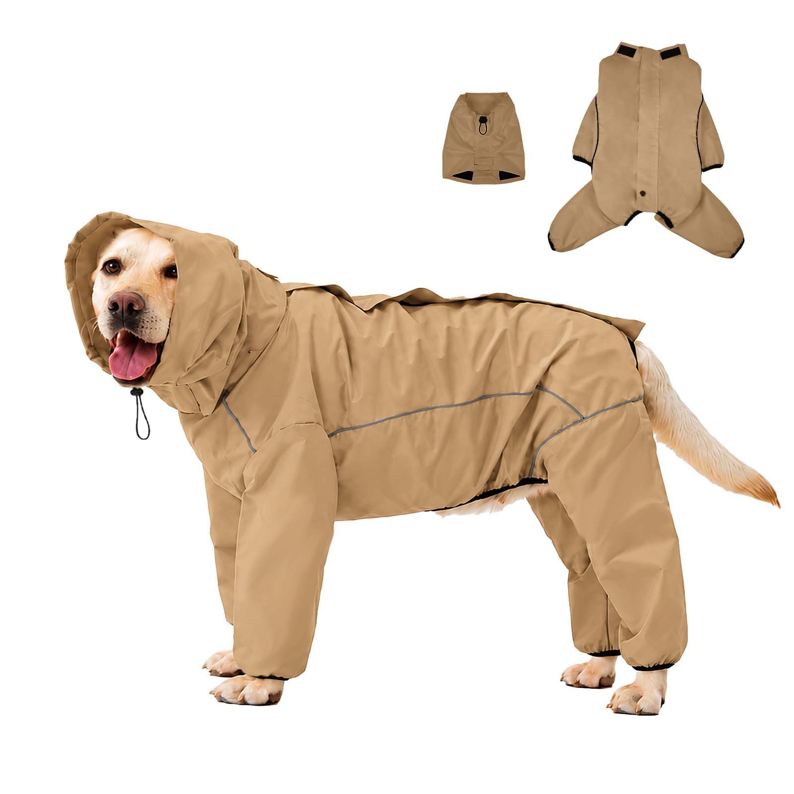 Hunde-Regenmantel, wasserdichte Hunde-Regenjacke mit Abnehmbarer Kapuze, Verstellbarer 4-Beine-Haustier-Poncho mit Leinenloch, reflektierende Streifen, Kapuzen-Schneeschutz, Winddichte Kleidung für