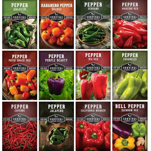 Pepper Seeds for Planting - 12 Variety Pack | Jalapeño, Serrano, Cayenne, Bell, Habanero, Anaheim &...