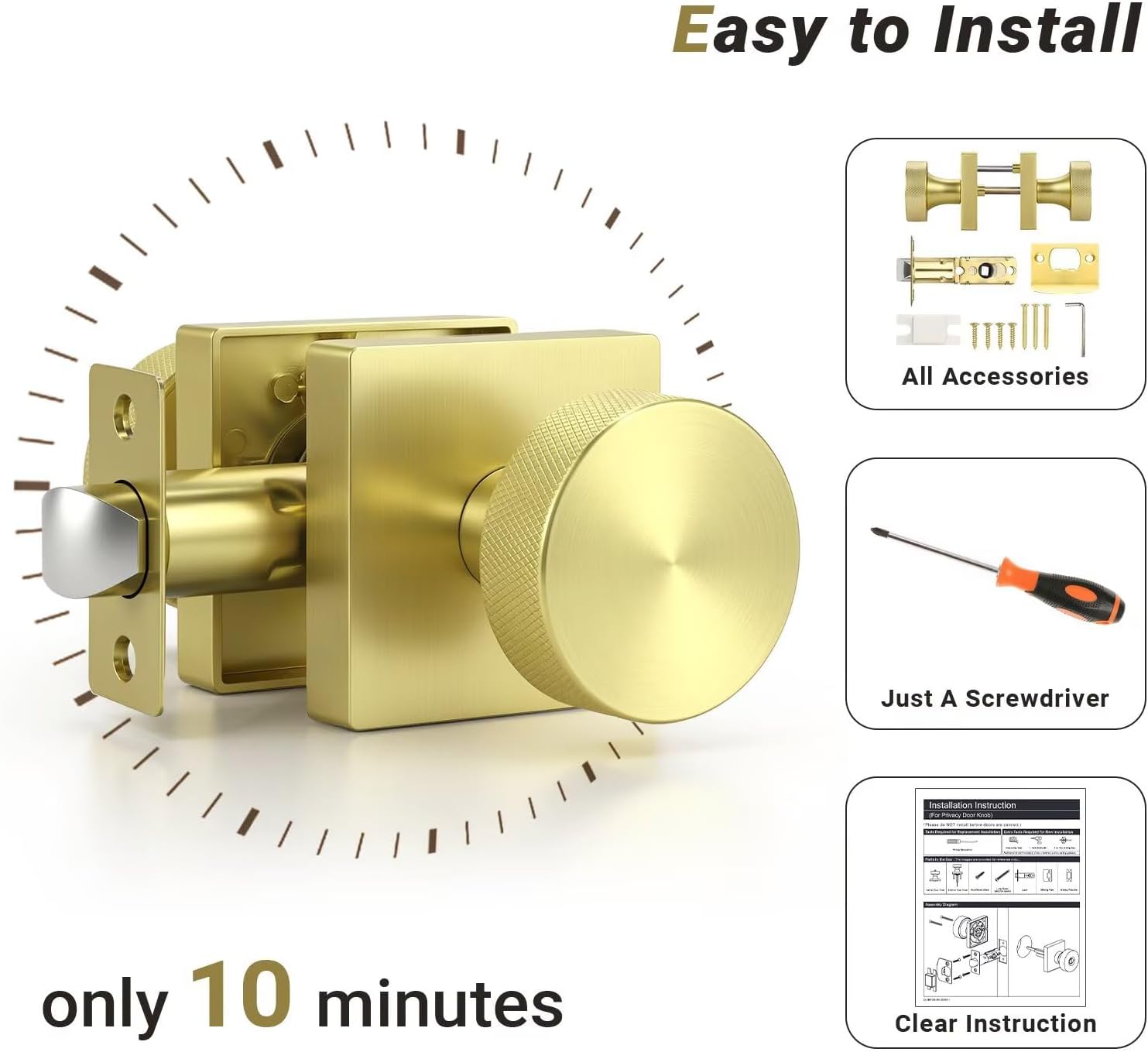 Knobonly 6 Pack Gold Closet Door Knobs Interior, Keyless Passage Door knobs(Non-Locking), Square Door Knobs for Hallway, Brass Door Handles Zinc Alloy