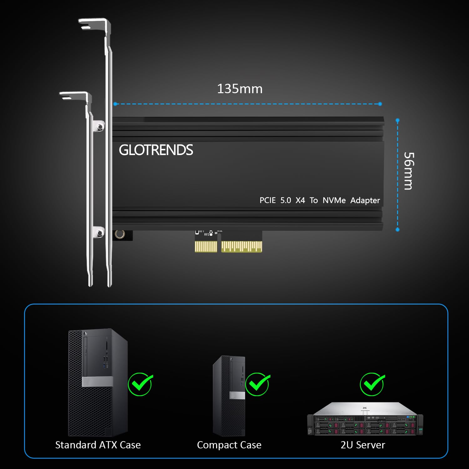 GLOTRENDS PA18 M.2 NVMe vers PCIe 5.0 X4 Adaptateur pour SSD M.2 NVMe, Très Grand dissipateur Thermique en Aluminium, Supports ordinaires et Bas Profil(Noir)