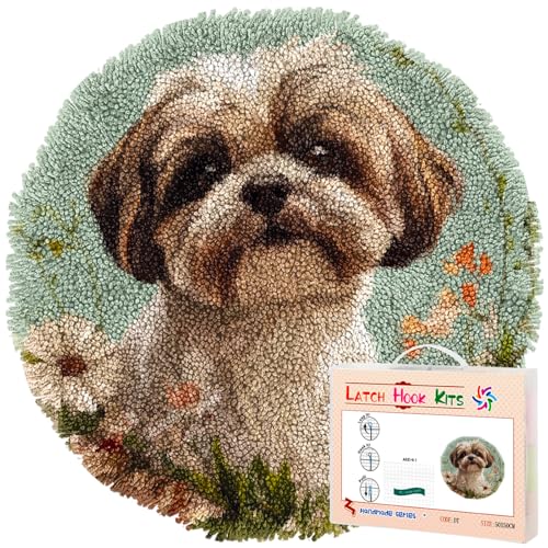 Latch Hook Rug Kit for Adults Shih Tzu Dog and FlowersStamped Handmade Round Shape Carpet Crochet Yarn Craft DIY Hook and Latch Door Mat Tapestry for Home Floor Decor 50x50cm(1)