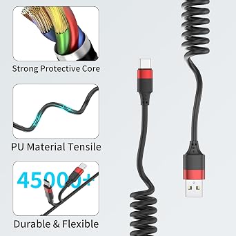 Coiled USB C Cable 2 Pack, Retractable USB Charging Cable for Car, USB to USB C Coiled Cable Compatible with iPhone 17 16 15 Samsung Galaxy S25 S24 S23 Google Pixel 10 9 8