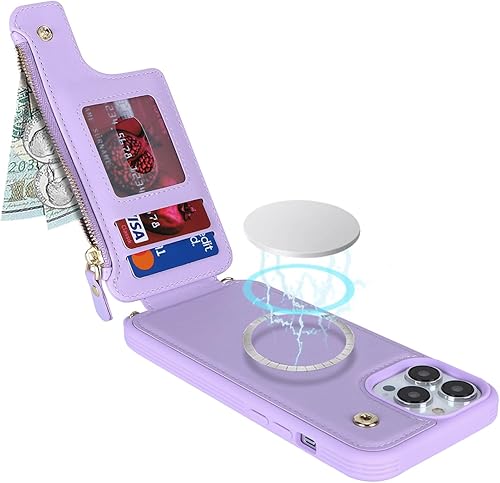 Miniatura 10 de Funda para iPhone 14 Pro Max con tarjetero con cremallera y correa para mujer, iPhone 14 Pro Max, funda compatible con piel sintética, con botones,