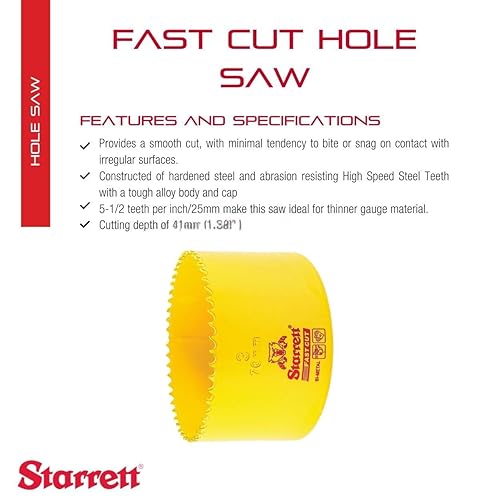 Miniatura 2 de Starrett FCH0334-G - Sierra de agujero recto de corte rápido bimetálica con dientes HSS resistentes a la abrasión, ideal para cortar metal, acero y