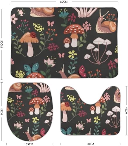 Miniatura 2 de Hapuxt Juego de tapetes de baño antideslizantes, incluye tapete de contorno en forma de U, funda para asiento de inodoro, setas, caracoles, flores