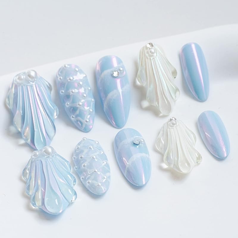 Sun&Beam Nails 手作り ネイルチップ ミディアム ロング アーモンド つけ爪 人魚の鱗 シェル パール キラキラ 人気 3D おしゃれ 可愛い デザイン 付け爪 10枚入 (#28 青・S)