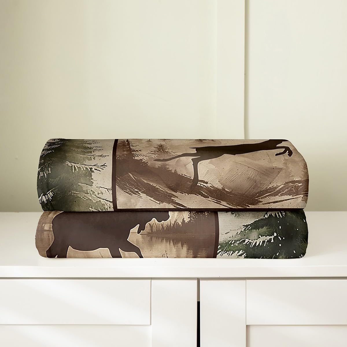 Feelyou Rustic Bear Plush Throw Blanket Queen 90"x90", Farmhouse All Season Bed Blanket, Black Bear Deer Elk Moose Forest Animal Wildlife Hunting Country Brown Patchwork Nordic Style Lodge Blanket