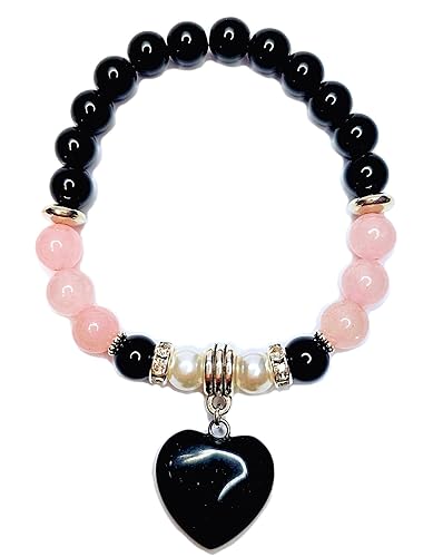 Miniatura 4 de Onyx Heart Charm Bracelet GENUINE NATURAL STONES Handmade Bracelet Black Onyx Pearls Rose Quartz Powerful HEART CHAKRA Stone Birthstone Bracelet USA