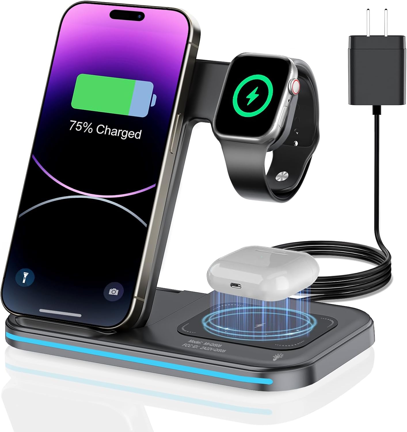 Product image of 3 in 1 Charging Station Wireless Charger lPhone Foldable Charging Stand for Multiple Devices with Quick Charger for lPhone 16/15/14/13 Pro Max Watch AriPods Pro 2