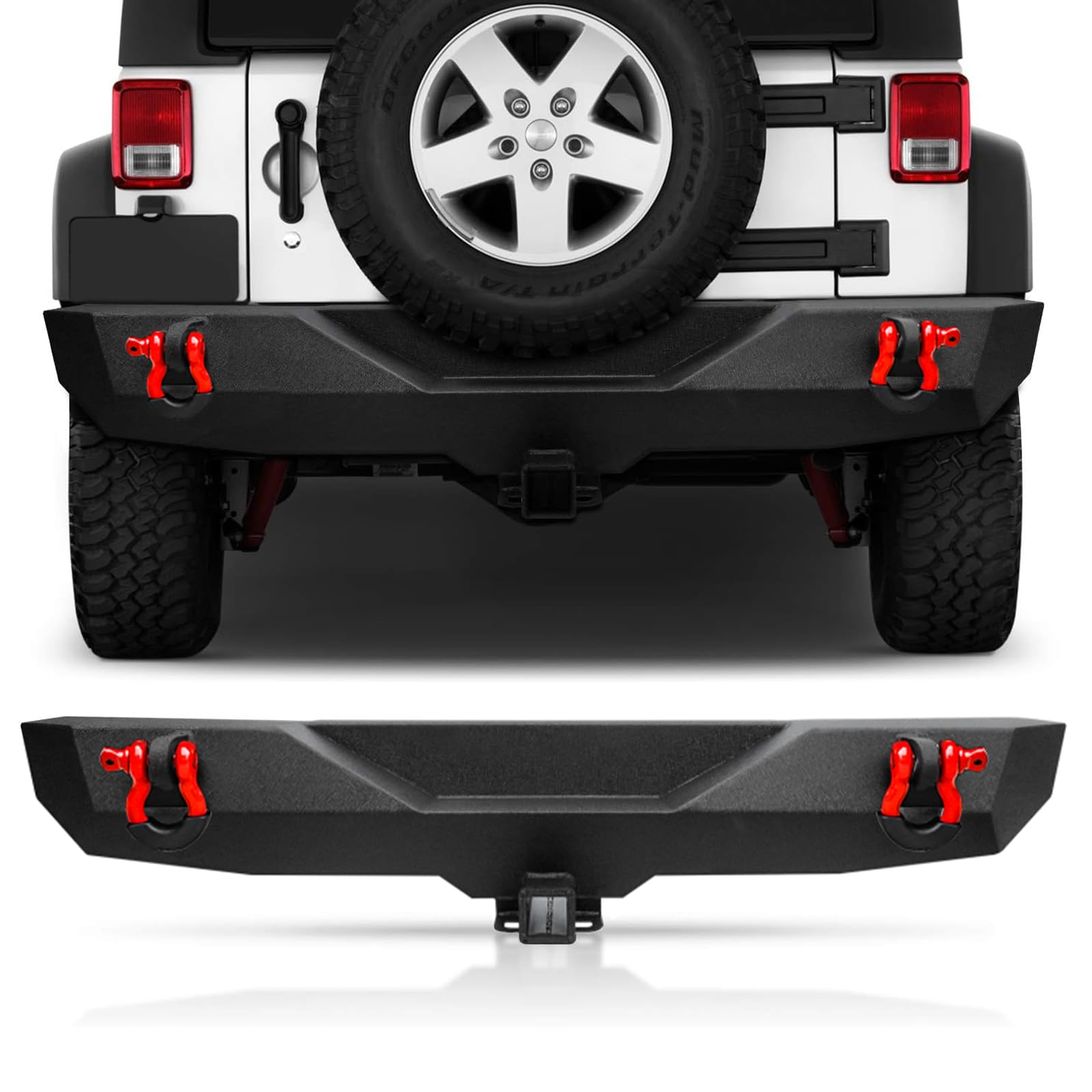 Rear Bumper for Jeep JK, AAIWA Offroad Steel Bumper Full Width with 2" Hitch Receiver and D-rings Fit for 07-18 Jeep Wrangler JK