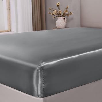 BEDELITE Satin Fitted Sheet Queen with Elastic Corner Straps, Dark Grey