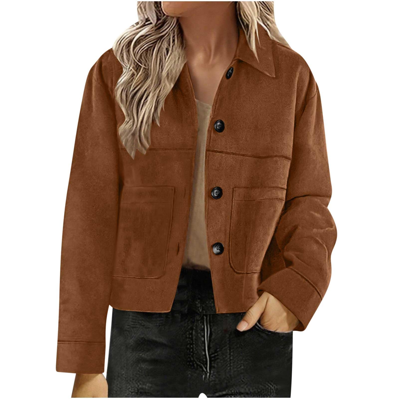 Dyhxuan Women's Coffee Faux Leather Jacket Vintage Faux Leather Shirt Jacket Button Down Lapel Jacket Elegant Shirt Blouse Coat Plain Transition Jacket Short Faux Leather Jacket, L