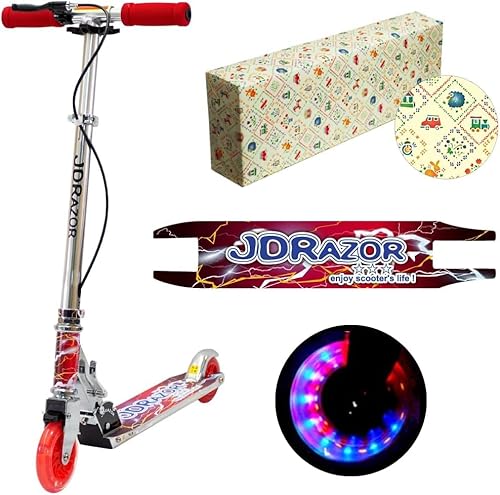 JD RAZOR MS-105RB キックボード キックスクーター 子供 小学生 ハンド ブレーキ付き LED 光る タイヤ 折り畳み コンパクト 軽量 2輪 プレゼント ギフト (【ラッピング済】イナズマ レッド)の商品画像（Amazon）