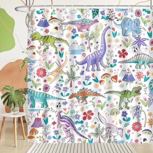Image of Dinosaur Shower Curtain Cartoon Funny Dino for Kids Boys Trex Mushroom Plant Leaf Flowers Colorful Bathroom Decor Waterproof Polyester Fabric 72Lx72W Inch with Hooks