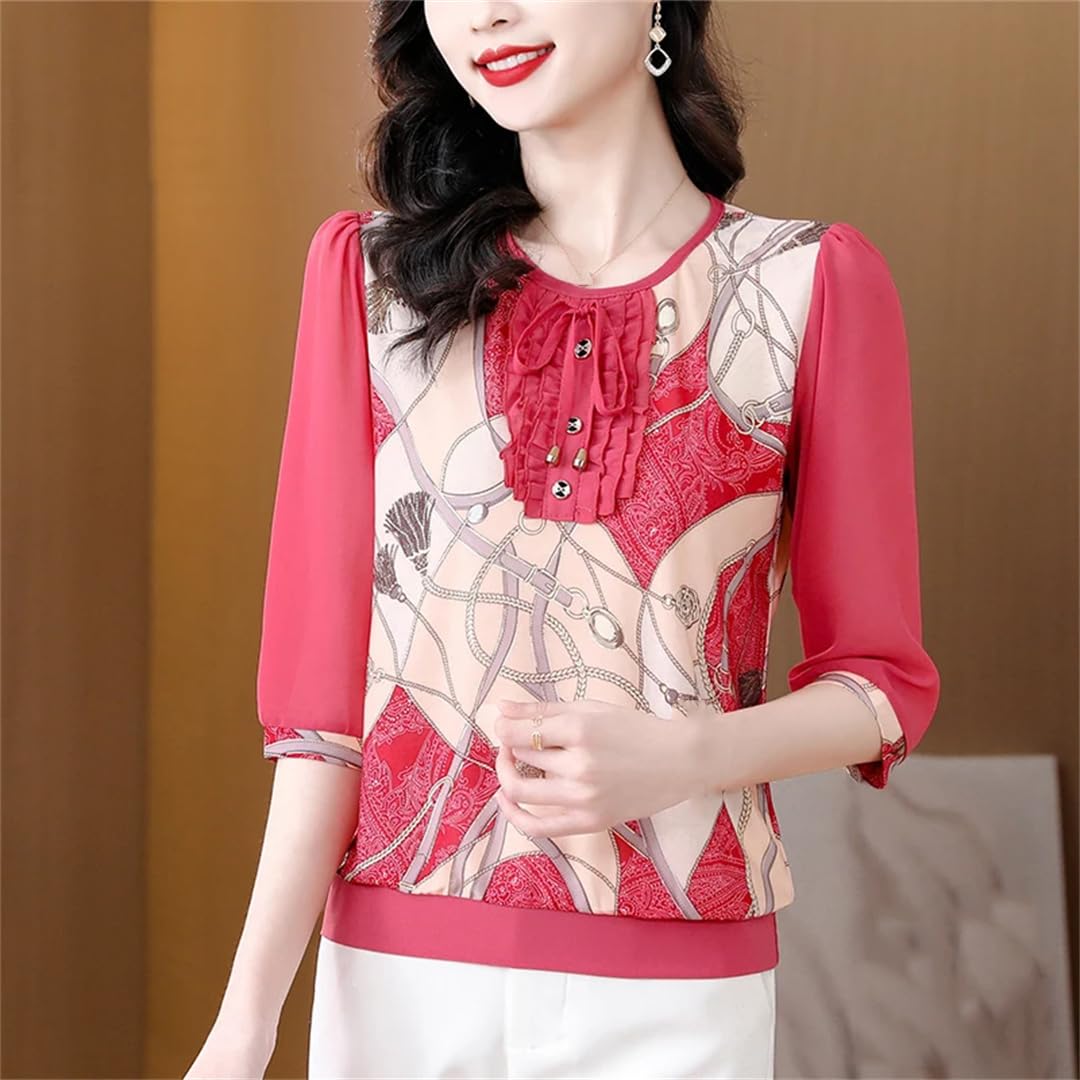 Camicia da donna in chiffon con stampa floreale estiva in rete con giuntura allentata O-collo slim camicia