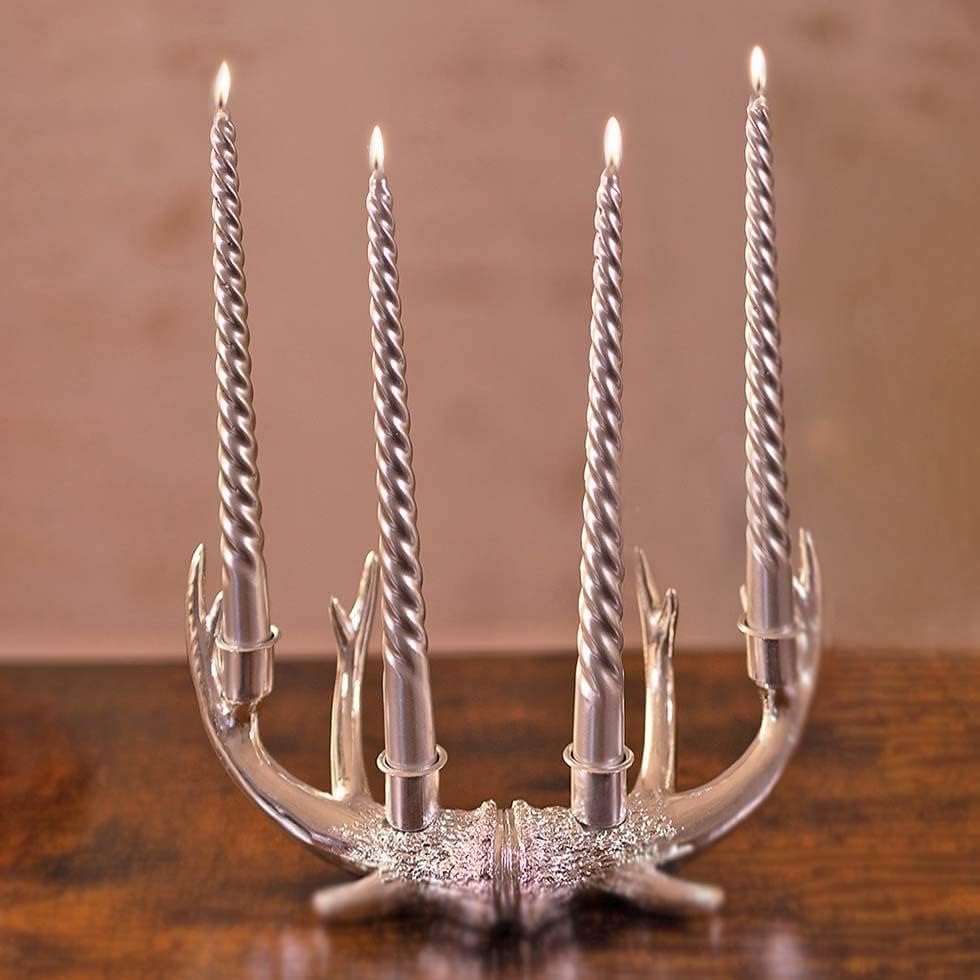 Marco Paul 4Pcs Metallic Silver Twist Taper Dinner Candles Long Burning - Smokeless Twisted Candles - 25cm Tall Unscented Taper Candle Sticks for Birthday Wedding - Christmas Decorations Candlesticks