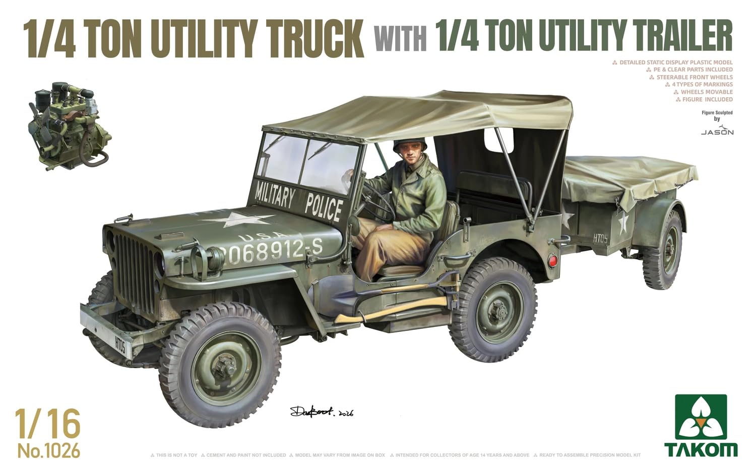 TAKOM TAK1026 1/4 ton Utility Truck z przyczepą - zestaw modelarski 1:16 - amerykański samochód terenowy z figurką kierowcy i częściami PE - niezmontowany