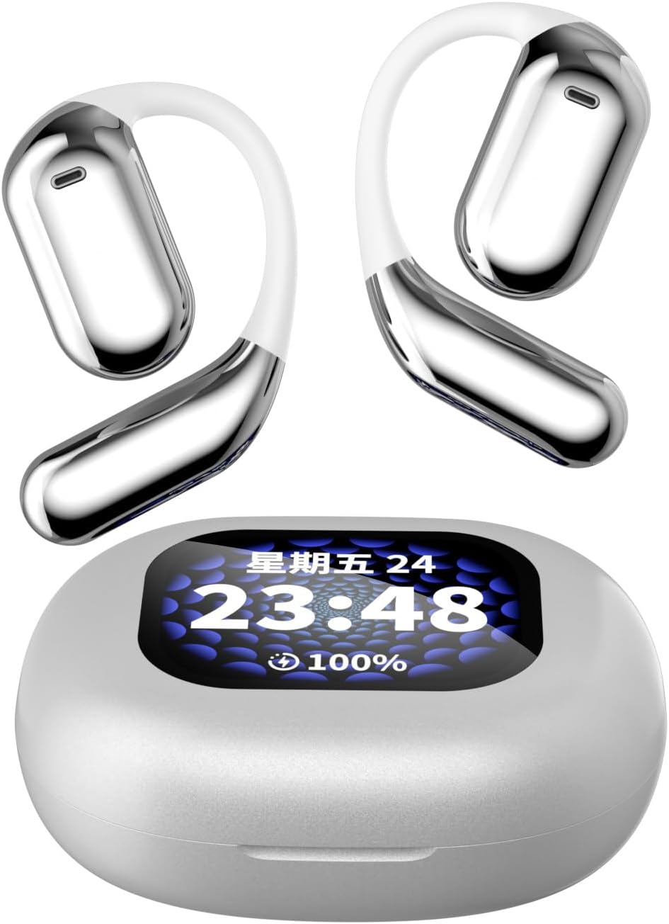 Bluetooth 5.4 Headset Open Ear Headphones Sports Earphones Built-in Mic,10H Single Use,LCD Full-Color Touch Screen,Hi-Fi Audio,Bluetooth Earphones for Running,Sports,Cycling,Driving,White