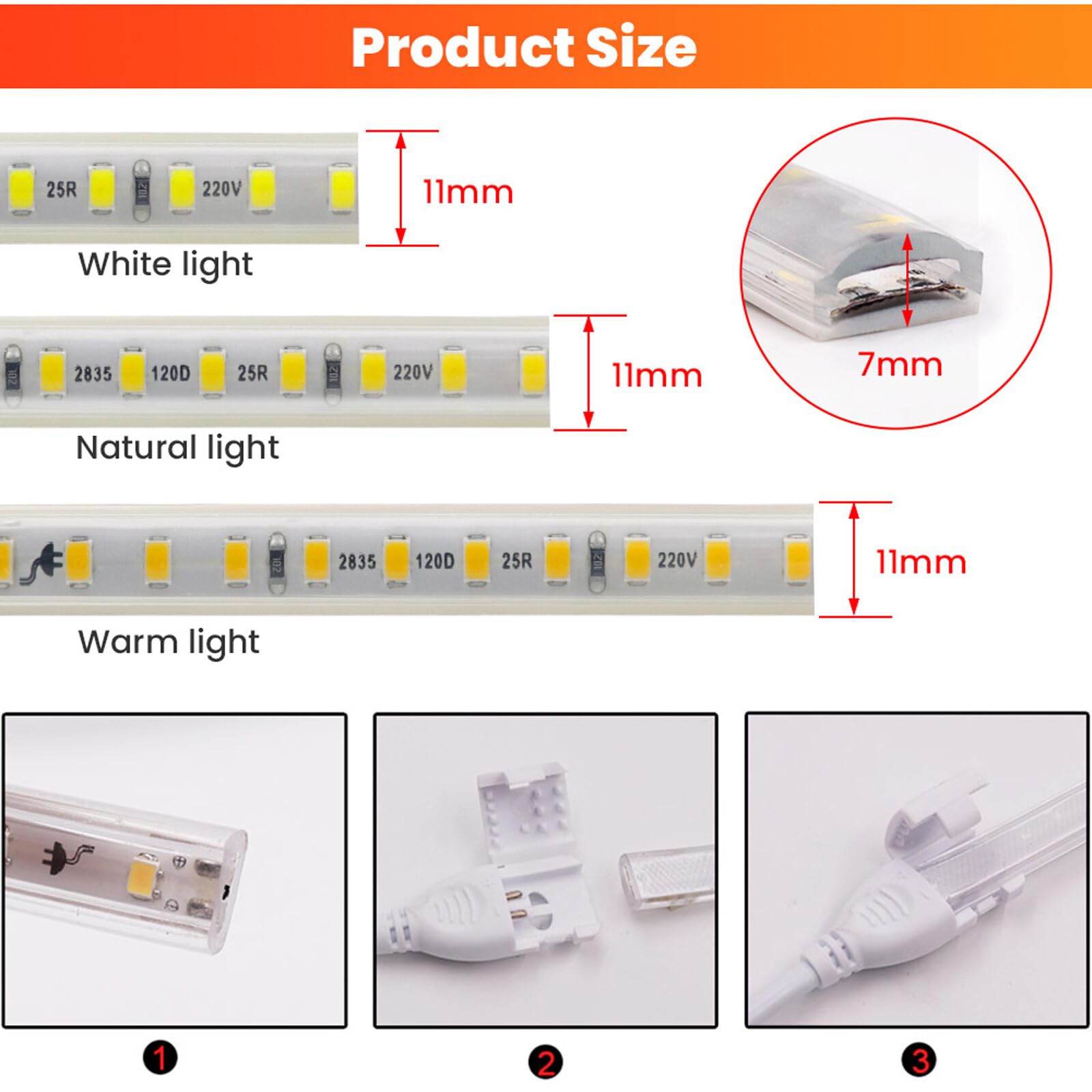 XUNATA 50m 220V Tira LED, SMD 2835 120 LEDs/m, Cortable Cada 20cm, IP65 Impermeable para Escalera, Techo, Cocina– Blanco Cálido