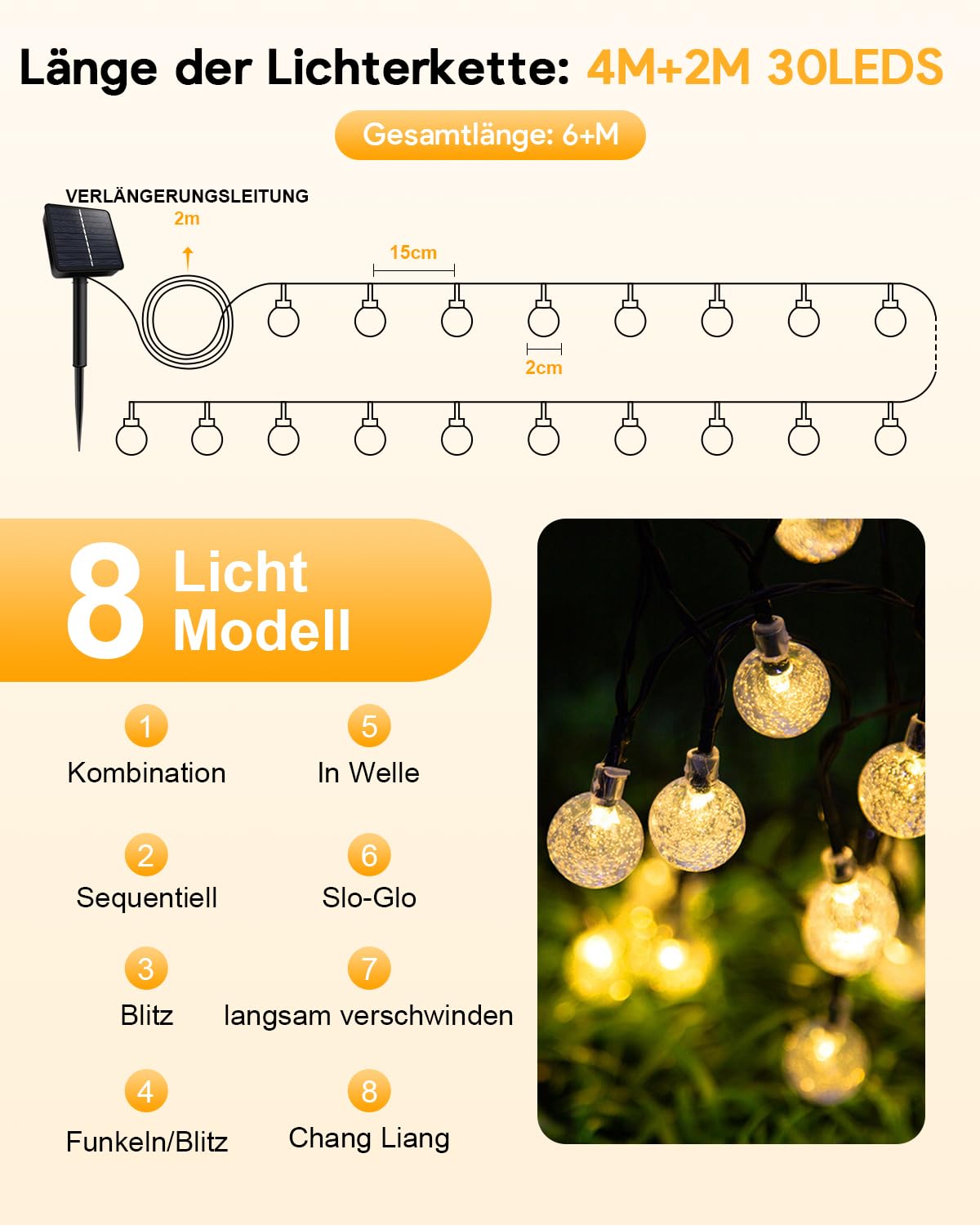 Ghirlanda luminosa solare per esterni - 6 m - 30 sfere LED di cristallo - 8 modalità di illuminazione - Impermeabile IP65 - Bianco caldo - Ideale per giardino, balcone, terrazza e alberi