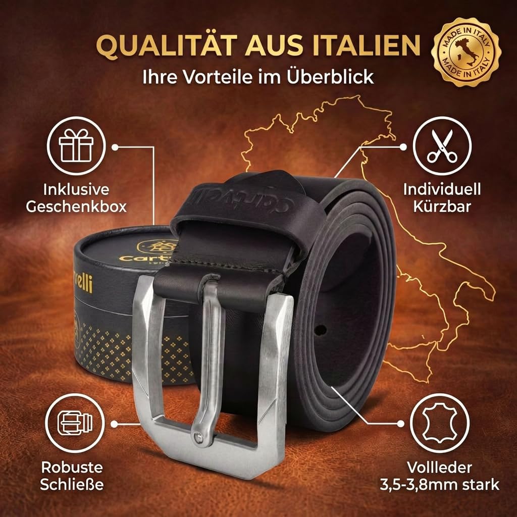 Premium Vintage Ledergürtel Herren Made in Italy mit Geschenkbox Echt-Leder Herrengürtel Vollleder Robuster Jeansgürtel breiter Leder Gürtel 40mm Gürtel kürzbar