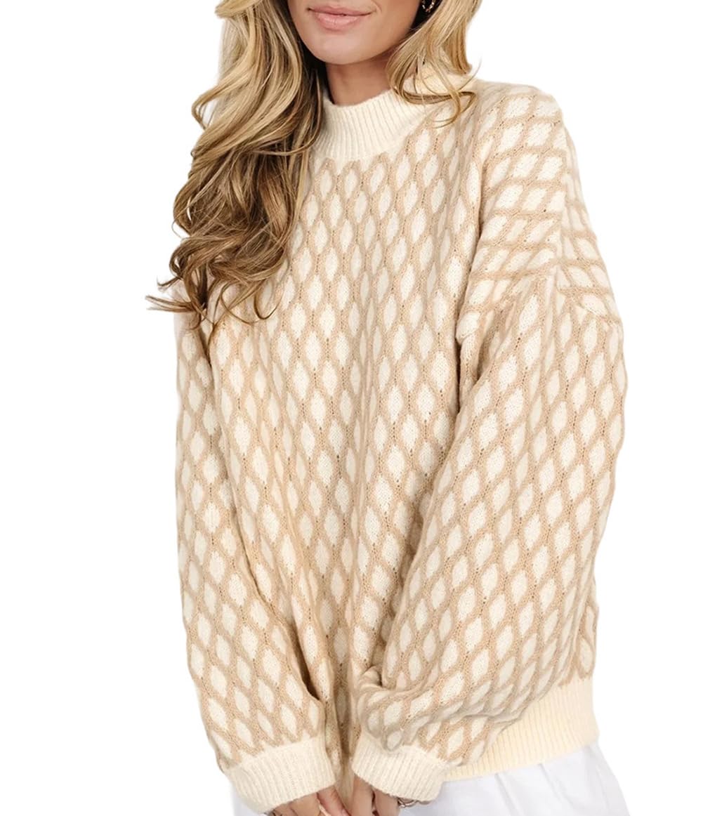 Melliflo Womens Rhombus Textured Knit Sweaters Long Sleeve Mock Neck Plaid Sweater Smoke Gray Color Block Sweaters