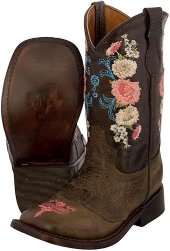Jazmin - Botas vaqueras con bordado floral para niñas pequeñas, color marrón, punta cuadrada, TRUE