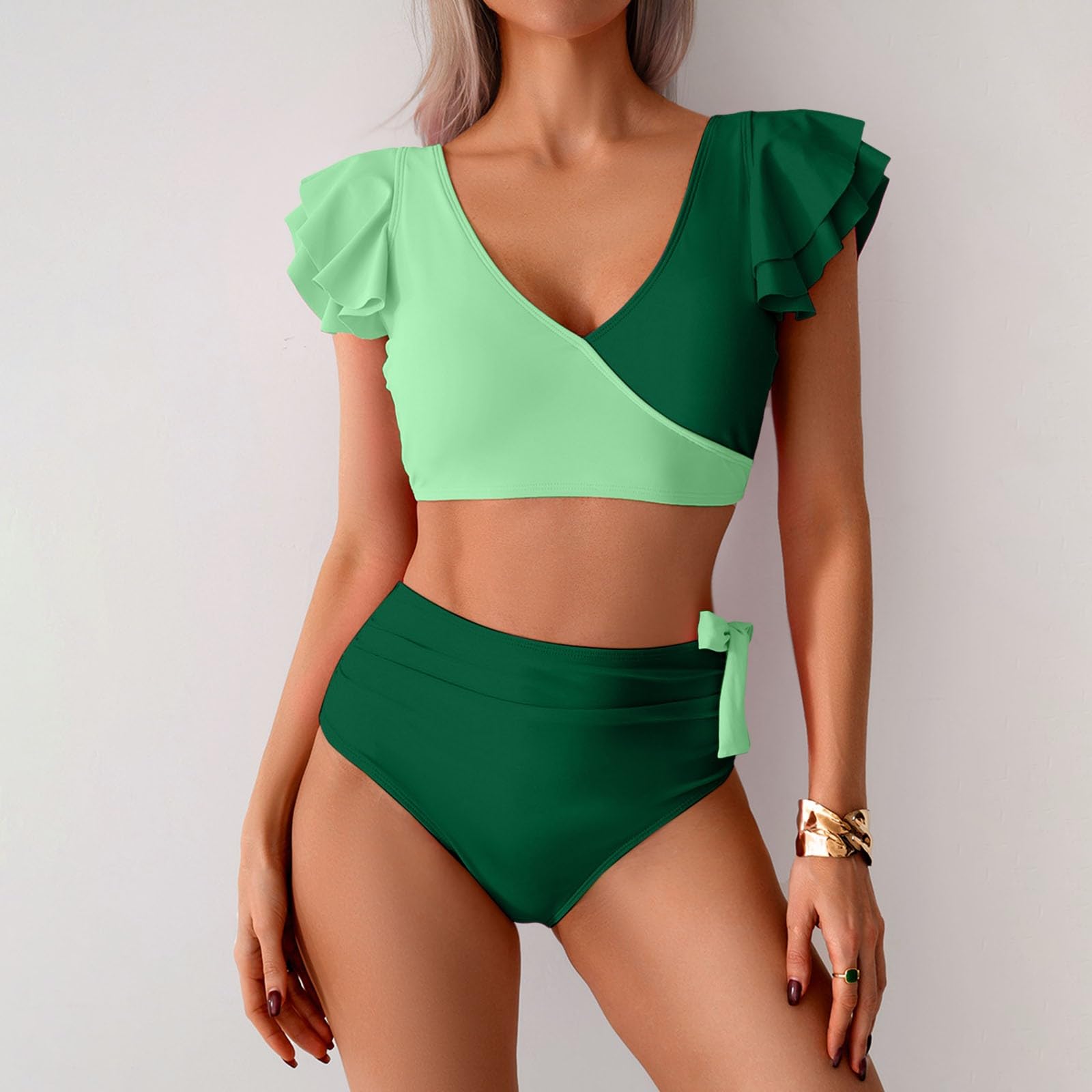 Bikinis para mujer, bikini sexy dividido con mangas en V altas y profundas, conjunto de dos piezas, verde, S