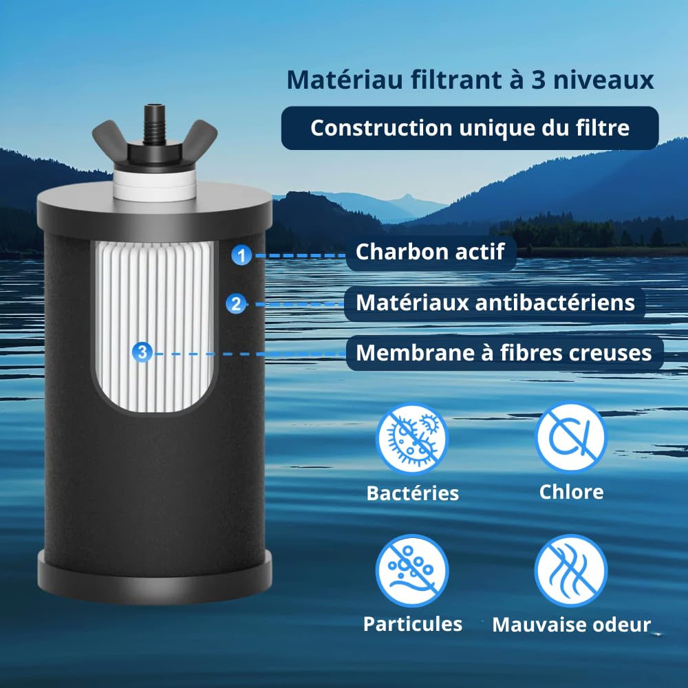 Family Filtre à eau | Filtre à Eau par Gravité 8,5 L | Purificateur d’Eau Maison en Acier Inoxydable | Fontaine Filtrante avec 2 Cartouches | Sans Électricité