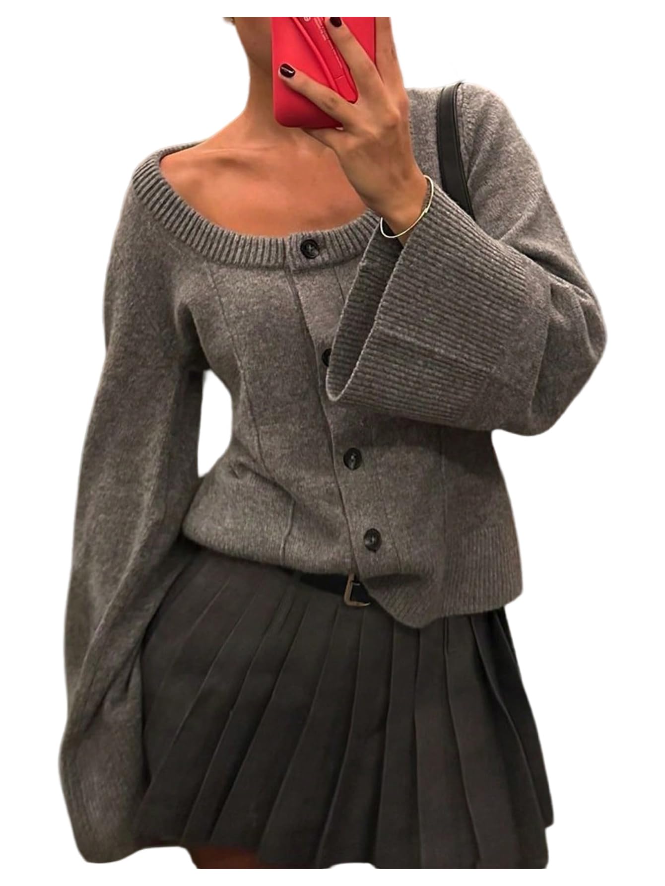 GORGLITTER Womens Bell Sleeve Cardigan Sweaters Oversized Button Up Chunky Long Sleeve Fall Trendy Knit Sweater