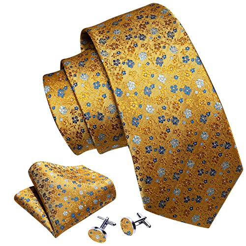 Image of Barry.Wang Flower Ties for Men Silk Woven Floral Tie Sets Necktie Handkerchief Cufflinks Wedding Party