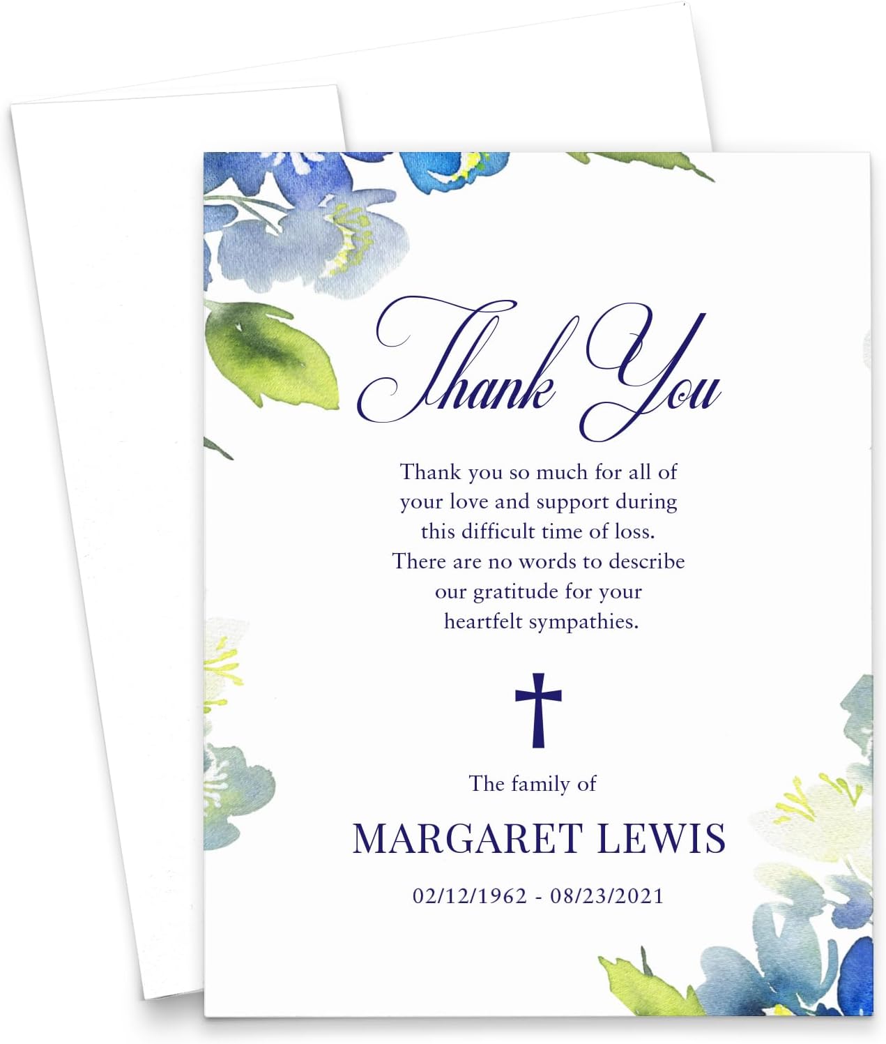 Modern Pink Paper Blue Greenery Funeral Sympathy Thank You Cards Personalized Memorial Thank You Notes, Elegant Celebration of Life Notes, Your Choice of Quantity and Envelope Color