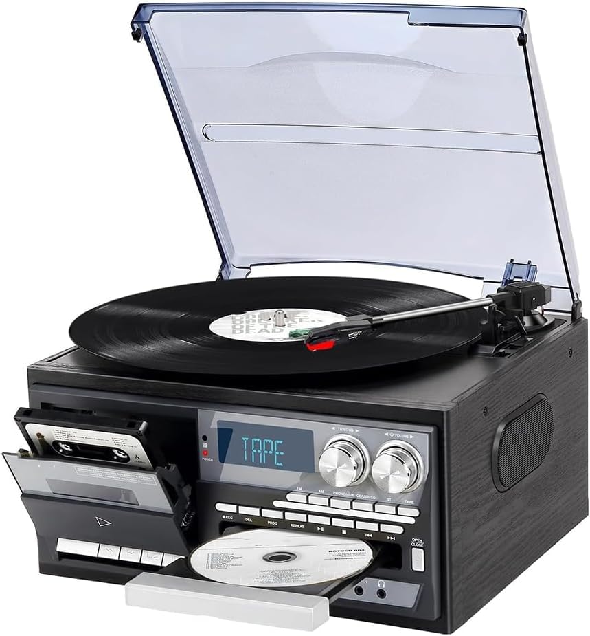 Reproductor de discos de vinilo, reproductor de discos retro Bluetooth con altavoces integrados, reproductor de CD y casete, menos ruido, cubierta antipolvo esmerilada, para entretenimiento