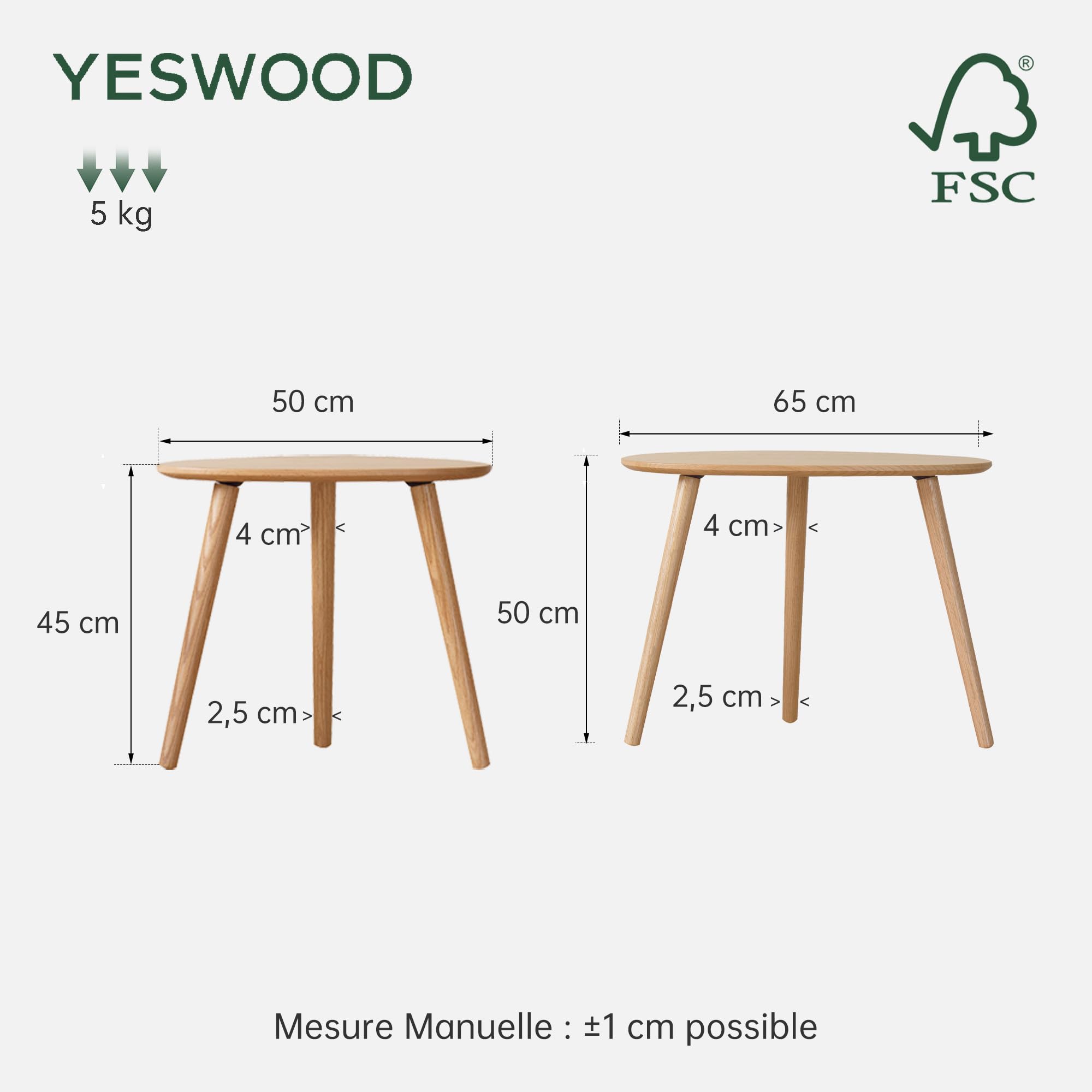 YESWOOD Lot de 2 Tables Gigognes Ovales Chêne Massif, Chêne Naturel | Design Galets, Table Basse, Table d'Appoint, Pour Salon, Balcon
