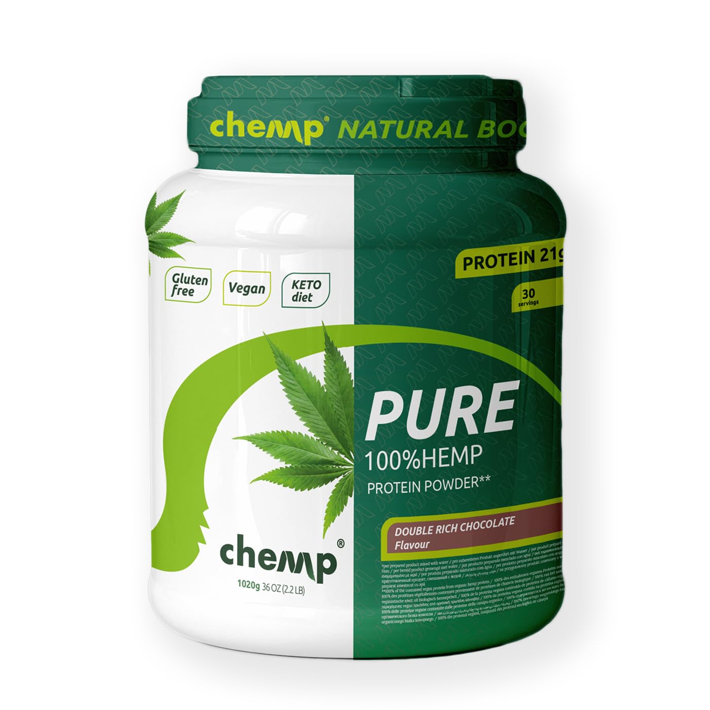 Chemp Pure 100% Hanf Protein Pulver Schokolade - Proteinpulver Vegan - Glutenfrei - Ohne Soja | 30 x Portionen - 1020g - Double Rich Chocolate - Mit Süßungsmittel