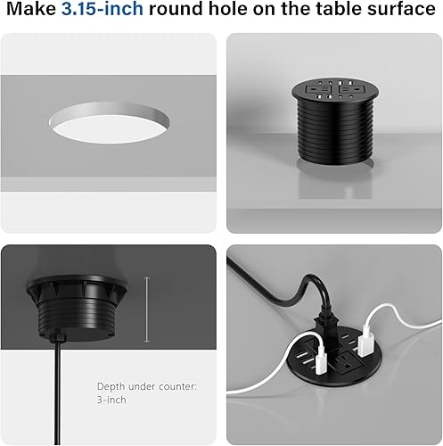 Miniatura 7 de Ojal de alimentación de escritorio de 3.15 pulgadas, USB C de 20 W, 8 USB, tira de alimentación empotrada para muebles, 2 tomas, montaje empotrado