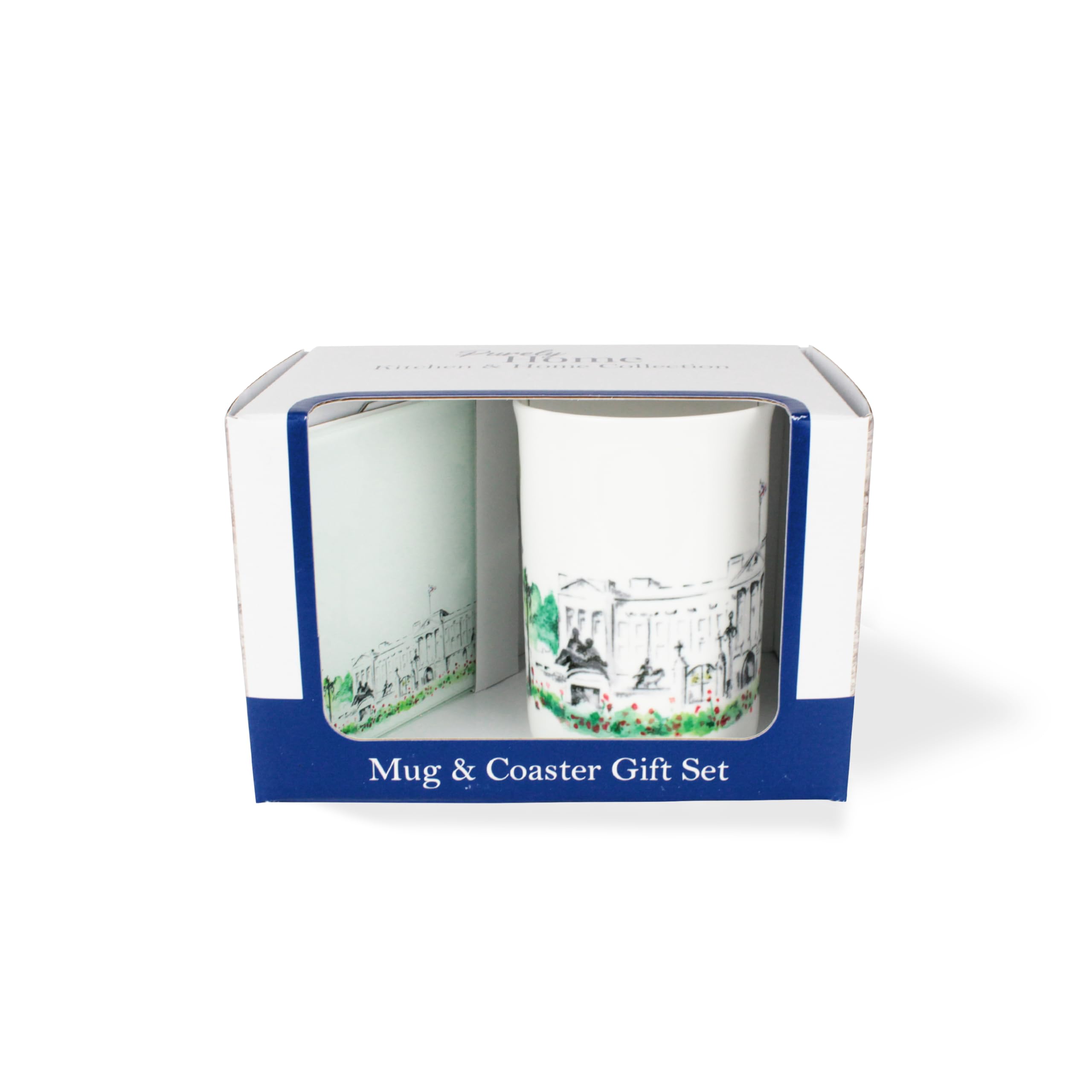 Purely Home Buckingham Palace Mug & Coaster Gift Set - British Landmarks by Rhiannon Chauncey - Bone China Mug and Glass Coaster Set - Tea/Coffee Present