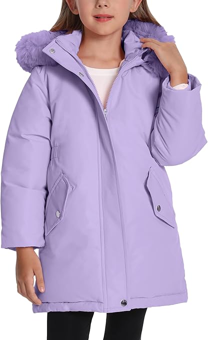 FEOYA Mädchen Winterjacke Lang - Puffer Teddy Mantel Mit Kapuze 3-8 Jahre