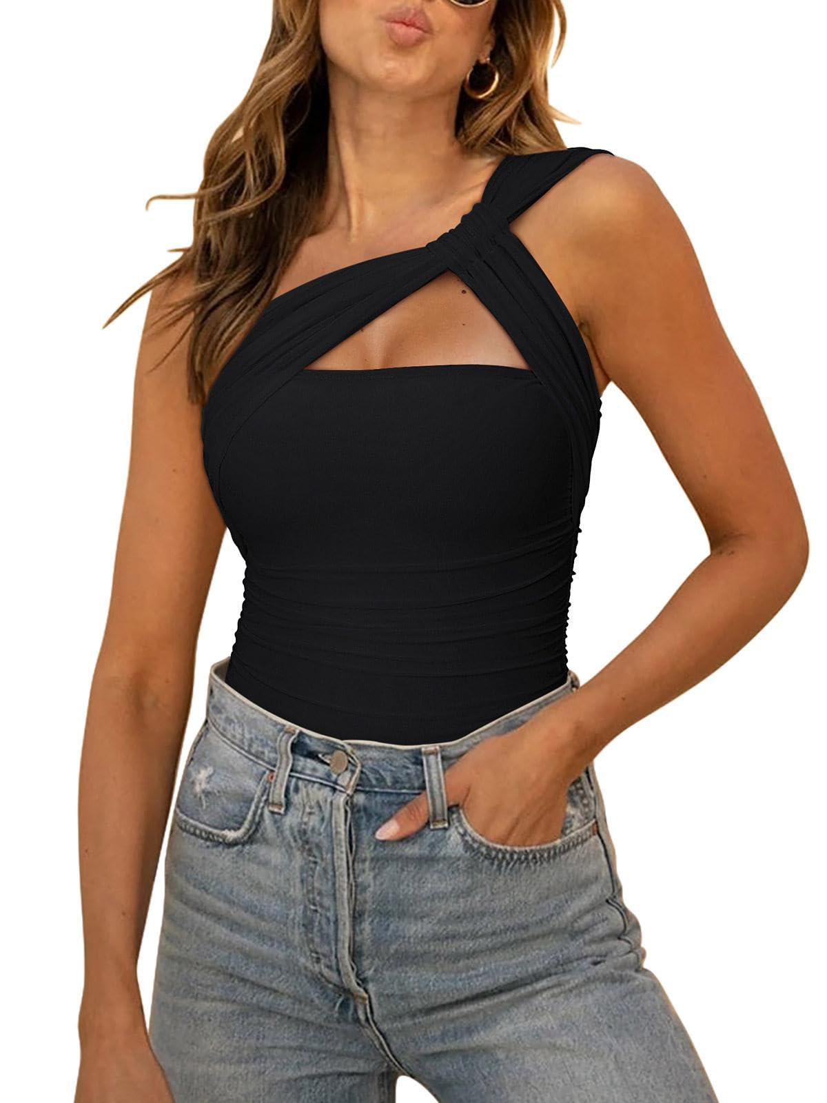 Photo 1 of REORIA Womens Sexy One Shoulder Asymmetrical Tank Top Leopard Print Mesh Ruched Sleeveless Backless Trendy Going Out Thong Bodysuits Tops Black Medium