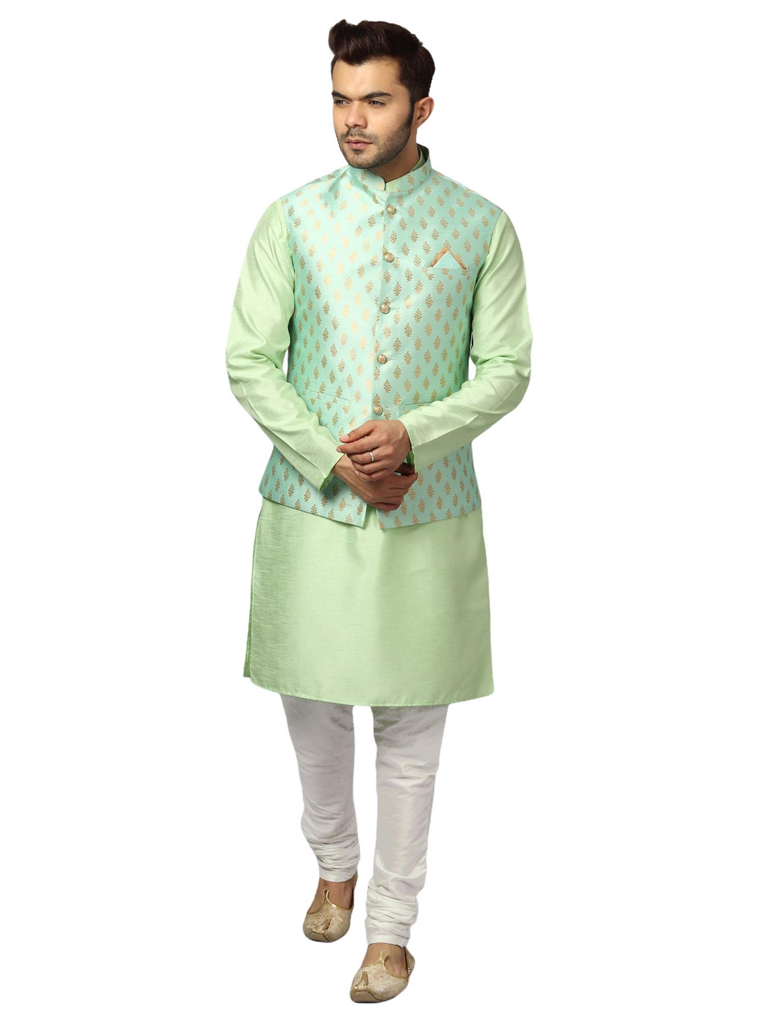 Uri and MacKenzie Men's Silk Blend Regular Kurta Churidar Pyjama with Bundi Nehru Jacket/Waistcoat