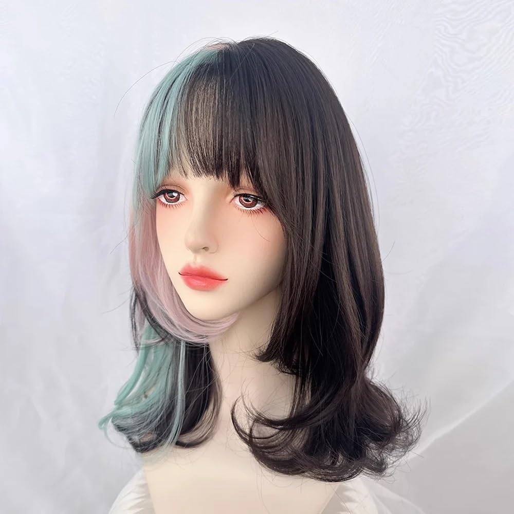 Parrucche realistiche Parrucca sintetica da donna, corta, ondulata, con meches nere, rosa e verdi, frangia, soffice parrucca cosplay Acconciatura femminile