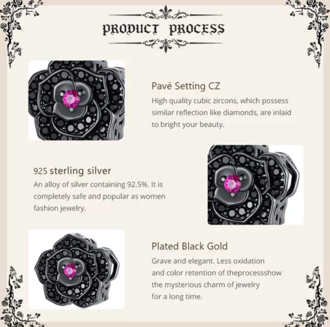 FLXHHX Abalorio de Plata de Ley 925 auténtica con diseño de Flor de Rosa Negra Brillante, Compatible con Pulsera