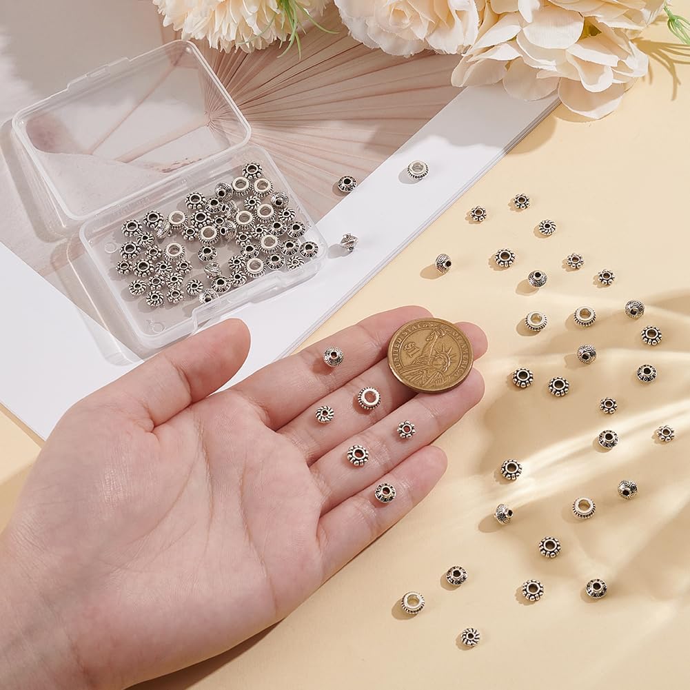 90Pcs Antique Silver Spacer Beads Tibetan Style Beads Bulk 1-3mm Big Hole Bracelet Bead Small Flat Rondelle Flower Spacer Loose Bead 6 Styles for DIY Bracelet Necklace Jewelry Making Craft - Image 3