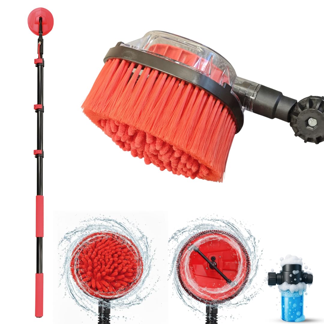 STARLYF Telescopic Rotating Scrubber - Cepillo de Limpieza Giratorio por Presión de Agua, Extensible hasta 3,6m - 2 Cabezales para Ventanas, Suelos, Coches, Embarcaciones
