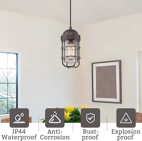 Miniatura 3 de Emliviar GE255P ORB - Lámpara colgante industrial náutica para interiores y exteriores, acabado de bronce aceitado con pantalla de vidrio templado