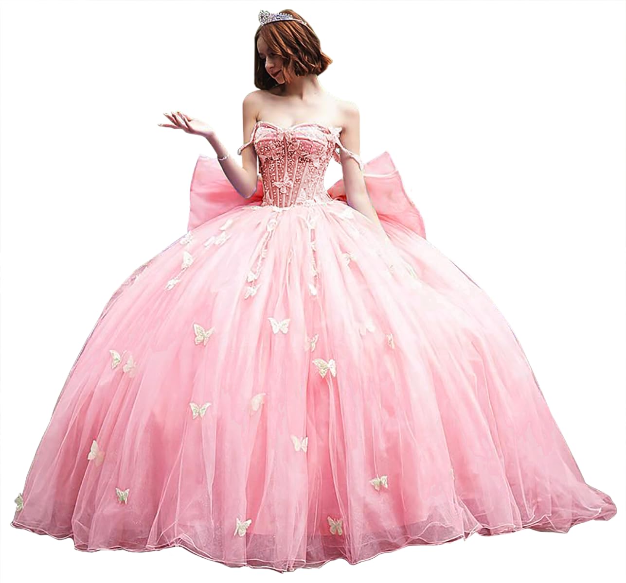 LuxeEspy Butterfly Quinceanera Dresses with Big Bow Spaghetti Straps Puffy Ball Gown with Train SE008
