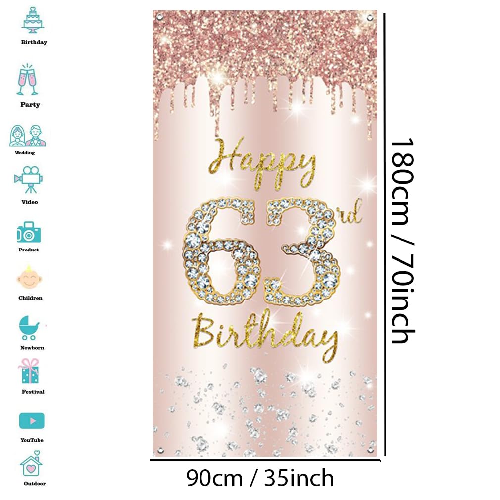 63. urodziny dekoracja damska, Happy 63rd Birthday Door Banner różowe złoto, 63. urodziny tkanina tabliczka plakat dekoracja drzwi, 63. urodziny tło baner damski, przyjęcie urodzinowe tabliczka