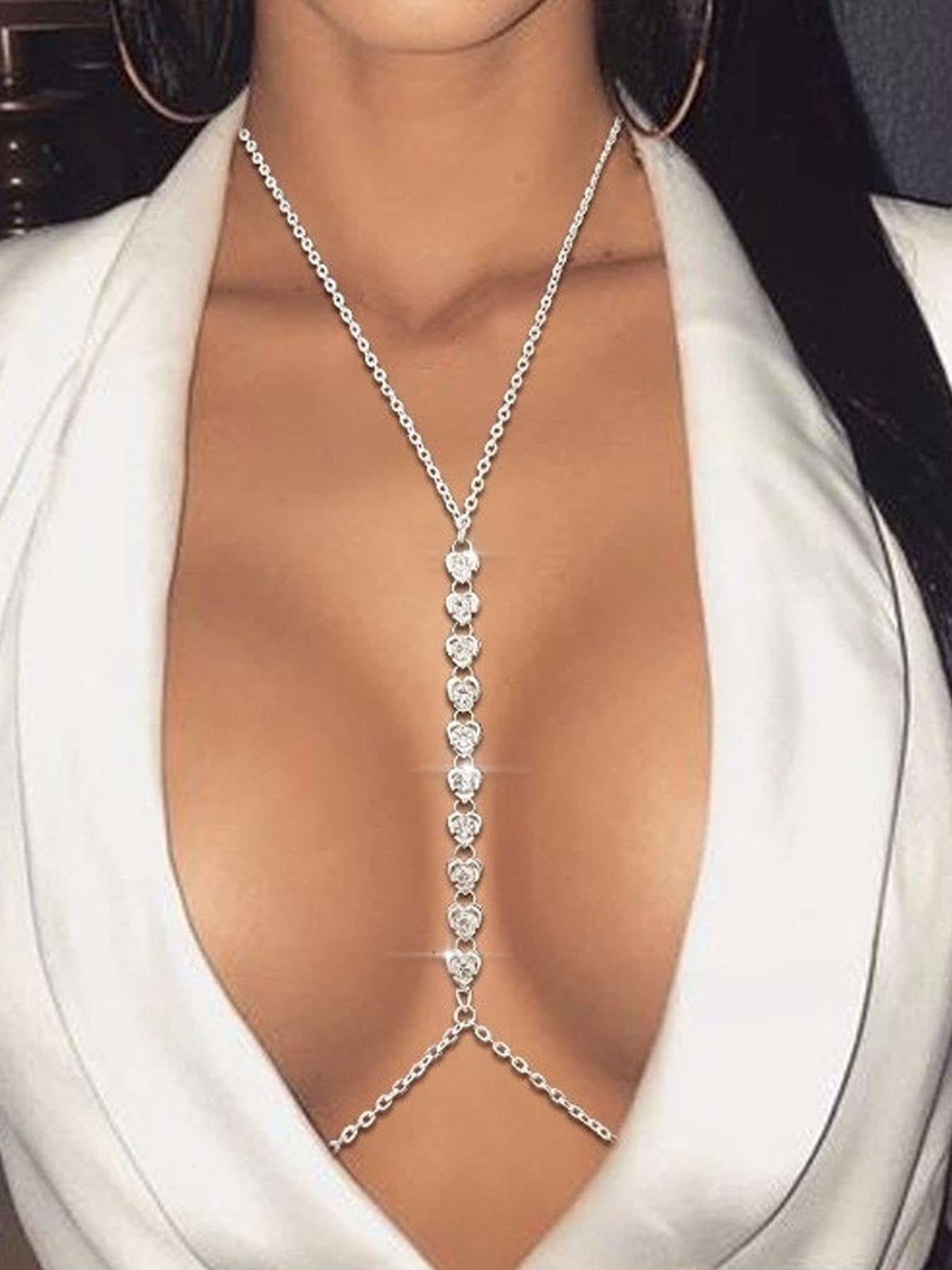 Silver Gold Body Chain Jewelry for Women Heart Rhinestone Body Jewelry for Women Sexy Dainty Waist Chain Bra Chains Jewelry Lingerie Summer Bikini Silver Chest Chains Bodychain Trendy Simple