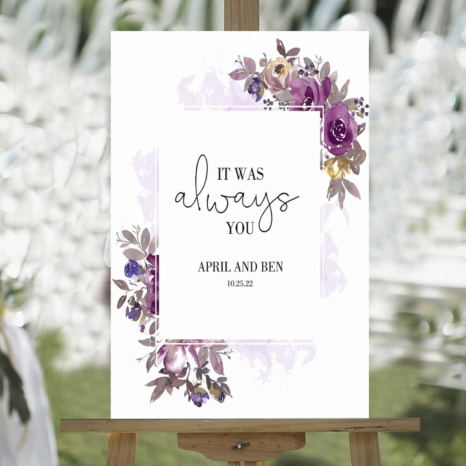 Boho Wood Wedding Welcome Sign Welcome to Bridal Shower Personalized Wedding Reception Sign Dark Purple Watercolor Rose Floral Decorative Wedding Party Art Signs 16x24in Wedding Decor Plaque